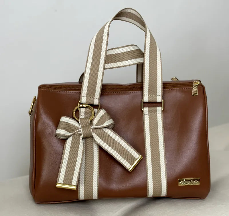 Bolsa da Mamãe - Couro Caramelo com Fitas Listradas